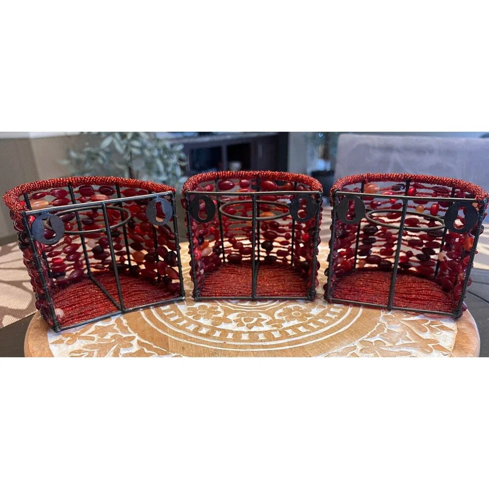 Pottery Barn Red Beaded Votive Candle Holder Sconces Wall Mount Set of 3